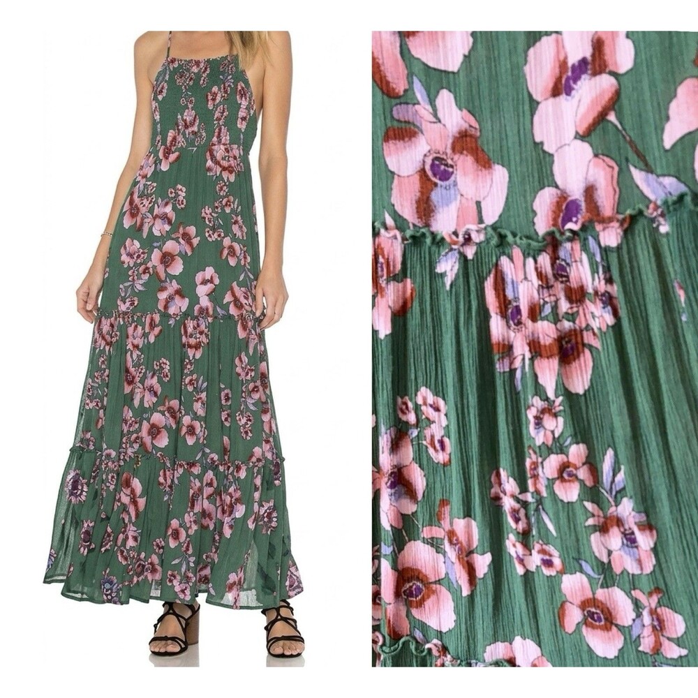 Intimately FREE PEOPLE Garden Party Floral Tiered Maxi Dress Resort Boho Green S